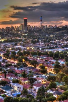 the city is lit up at night with many buildings and trees in front of it