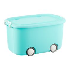 a blue toy truck with wheels on it