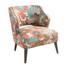 an upholstered chair with colorful flowers on it