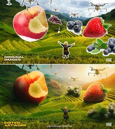 an advertisement for apple and blueberries in the middle of two pictures, one is cut into