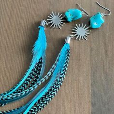 "\"Electric Ocean\" hand dyed grizzly and solid feathers in a gorgeous turquoise shade featuring turquoise stones and sliver plated hooks." Turquoise Feather Earrings, Fire Fly, Feather Earrings, Earrings Etsy, Turquoise Stone, Hand Dyeing, Jewelry Earrings Dangle, Feathers, Etsy Earrings