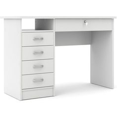 a white desk with four drawers and one drawer on the bottom shelf is shown in front of a white background