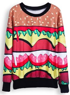 Red Long Sleeve Hamburger Print Sweatshirt - Sheinside.com FUNNY!!! :-) Raglan Sleeve Sweatshirt, Latest Street Fashion, Sweatshirts Pattern, Red Long Sleeve, Bag Style, Print Sweatshirt, Harajuku Fashion, Pullover Sweatshirts, Sweater Weather