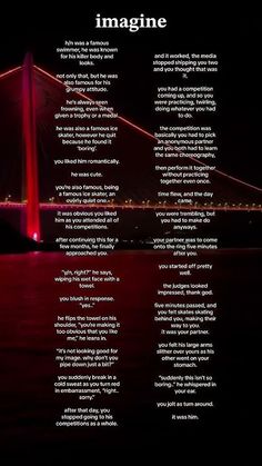 an image of a bridge that is lit up with red lights and the words imagine