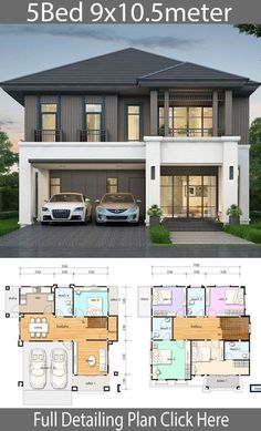 the floor plan for this house is very large and has three cars parked in front of it