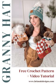 a woman holding two knitted mittens in one hand and a hat on the other