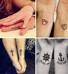 four different tattoos on the arms and feet of people with mickey mouse, minnie mouse and anchor