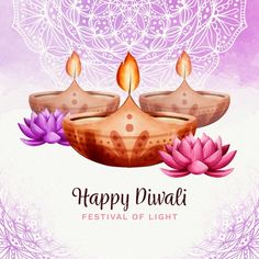 happy diwali festival with lotus flowers and candles