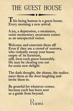 a poem written in black ink on parchment paper with the words, the guest house