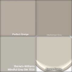 several shades of gray paint with white trim and the words sherwin - williams mindful gray