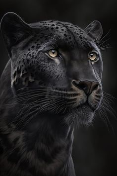 a black leopard with yellow eyes looking at something in the distance, on a dark background