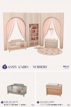 the baby's nursery furniture is shown in three different styles, including a crib and changing table