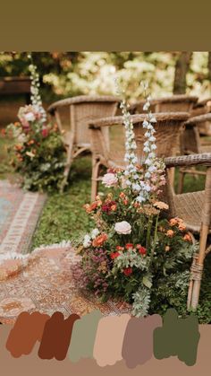 an outdoor area with chairs, flowers and rugs on the ground in front of them