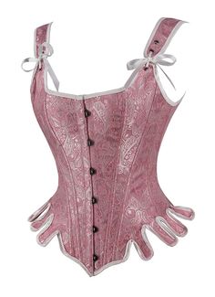 Renaissance Historically Inspired Floral Brocade Corset     This historically-inspired corset that boasts an elegant pink Jacquard brocade fabric. Its shoulder straps provide support and style, making this an exquisite choice for formal occasions. With its distinguished lines and classic appeal, this corset captures the essence of timeless glamour.     Type: Overbust Corset   Style: Vintage   Design: Ribbon Lacing,Shoulder Straps   Embellishment: Lace-up   Fabric: Brocade, cotton   Color: Blue Elegant Corset With Historical Design For Costume Party, Elegant Historical Design Corset For Costume Party, Fitted Pink Satin Corset Dress, Elegant Fitted Pink Corset, Wedding Corset Dress With Adjustable Straps And Fitted Bodice, Pink Sleeveless Corset With Fitted Bodice, Pink Sleeveless Fitted Corset, Elegant Fitted Pink Bodice, Elegant Corset Dress With Historical Design