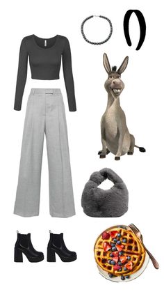 grey pants + grey long sleeve + fluffy bag + black boots + grey pearls + black headband Shrek Outfit, Clean Girl Outfit, Shrek Donkey, Shrek, Clean Girl, 21st Birthday, Aesthetic Clothes, Outfit Inspirations, Girl Outfits