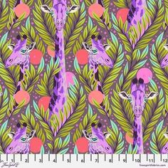 a giraffe and leaves pattern on a purple background with pink, blue, green,