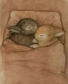 a drawing of two rabbits sleeping in a bed