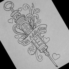 the tattoo design is done on paper with scissors and hearts around it, as well as an arrow