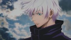 an anime character with white hair and blue eyes looks at the camera while standing in front of clouds