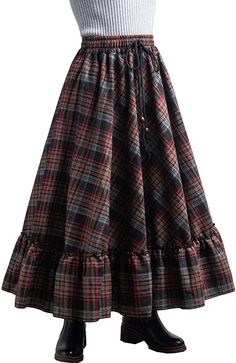 Femiserah Women's Elastic Waist A Line Long Maxi Plaid Wool Skirt Vintage Wool Skirt at Amazon Women’s Clothing store Vintage A Line Skirt, Flannel Maxi Skirt, Long Vintage Skirt Outfits, Long Plaid Skirts, Long Plaid Skirt Outfit, Long Tartan Skirt, Long Vintage Skirt, Pleated Skirt Winter, Warm Skirt