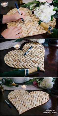 two pictures showing how to make a heart shaped basket with flowers and candles in it