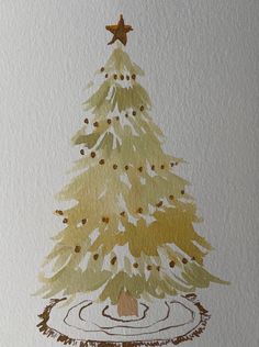 a watercolor drawing of a christmas tree with gold stars on it's top