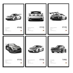 four different cars are shown in this black and white photo, with the names gt7rs on them