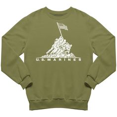 DESCRIPTION: CAPTAIN'S PICKS TRADITION ----- QUALITY ----- DISCOUNTS $$$ Honor the legacy of the Marine Corps with our iconic Iwo Jima flag-raising Sweatshirt. Paying tribute to courage and camaraderie, this sweatshirt is more than apparel—it's a symbol of resilience and pride. Set-in sleeves Double-needle stitching at shoulders, armholes, neck, waistband and cuffs 1x1 rib with spandex Quarter-turned to eliminate center crease Independence Day Streetwear Tops Crew Neck, Fall Flag Print Crew Neck Sweater, Cotton Crew Neck Sweatshirt With Flag Print, Veterans Day Flag Print Crew Neck Top, Independence Day Cotton Sweatshirt With Letter Print, Independence Day Cotton Letter Print Sweatshirt, Fall Military Crew Neck Tops, Military Style Crew Neck Tops For Fall, Fall Crew Neck Tops Made In Usa