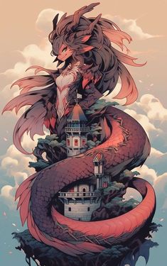 a dragon is sitting on top of a castle