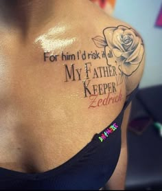 a woman with a tattoo on her chest saying, for him i'd ask all my father's keeper zeddron