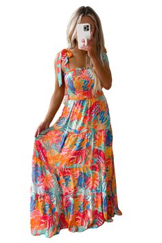 Multicolor Vibrant Tropical Print Smocked Ruffle Tiered Maxi Dress Summer Multicolor Smocked Dress With Smocked Bodice, Multicolor Smocked Dress For Summer, Multicolor Smocked Dress With Smocked Bodice For Summer, Multicolor Smocked Summer Brunch Dress, Multicolor Smocked Back Dress For Brunch, Multicolor Smocked Dress With Smocked Back For Brunch, Multicolor Flowy Smocked Dress, Multicolor Smocked Summer Vacation Dress, Multicolor Smocked Summer Dress For Brunch