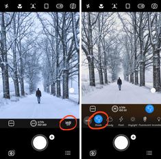 two screens showing the same person walking down a snowy path