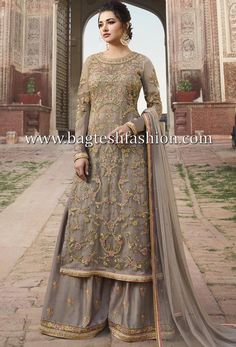 Partywear Grey Net Sharara Style Suit #anarkali #anarkalisuits #salwarkameez #suits #designerwear #outfits #ethnic #traditional #Designer #girls #Indian #wedding #dresses #weddingday #weddinginspiration #weddingmakeup #embroidery #gown #womens #model #bridetobe #bridesmaids Long Kameez, Kurti Styles, Wedding Salwar Kameez, Silk Anarkali Suits, Kurti Style, Designer Anarkali Suits, Lehenga Style, Bollywood Outfits