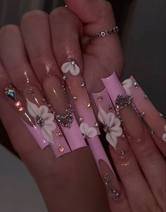 Pink Nail Designs Bling, Pink Bling Nails Medium, Nail Ideas With Rhinestones Square, Pretty Pink Nails Acrylic Long, Pink Bling Acrylic Nails Rhinestones, Tinker Bell Nails Acrylic, Long Acrylic Nails Birthday Set, Nails With Pink Gems, Pink Long Nails With Diamonds