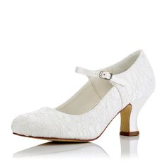 Women's Bridal Shoes Closed Toe 2.4'' Block Mid Heel Satin Pumps Wedding Shoes - florybridal White Wedding Shoes With Round Toe, Medium Width, White Kitten Heels With Heel Strap, Classic Closed Toe Wedding Shoes With Heel Strap, White Low Heel Mary Janes With Heel Strap, Formal White Low Heel Mary Janes, Elegant White Block Heel Mary Janes, White Kitten Heels With Padded Heel And Round Toe, Elegant White Mary Janes With Block Heel, White Ankle Strap Mary Janes For Formal Occasions