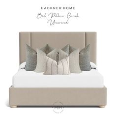 a bed with four pillows on it and the words hackner home behind it in white