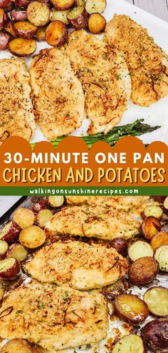 chicken and potatoes on a sheet pan with text overlay