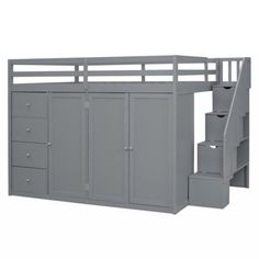 a loft bed with stairs and drawers in grey color on an isolated white background 3d rendering