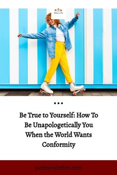 Person roller skating joyfully in front of a blue and white striped wall, wearing a denim jacket and yellow pants.