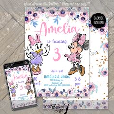 Daisy Duck Birthday Invitations, Minnie And Daisy Invitations, Mini Mouse And Daisy Duck Birthday Party, Minnie And Daisy Birthday Invitations, Minnie Mouse 3rd Birthday Invitations, Minnie Mouse Daisy Duck Birthday Party, Daisy And Minnie Birthday Party Ideas, Minnie Daisy Birthday Party, Minnie Mouse And Daisy Duck Party