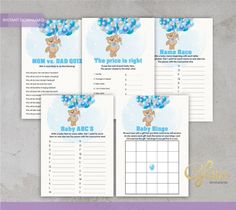 four baby shower games with teddy bear on the front and blue balloons on the back