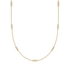 Ross-Simons - 1.00ct t. w. Diamond Trio Station Necklace in 14kt Yellow Gold. 18". Showcasing more glitz than your typical single-station design, our must-have necklace presents dazzling 1.00 ct. t. w. round brilliant-cut diamond trios around a classic 14kt yellow gold cable chain. Perfect for layering with a classic station necklace or your other favorite strands. Lobster clasp, diamond trio-station necklace. Diamond birthstones are the perfect gift for April birthdays. Trio Necklace, Diamond Birthstone, Diamond Jewelry Necklace, Necklace Diamond, Fine Jewelery, Jewelry Essentials, Natural Gold, Station Necklace, Pendant Design