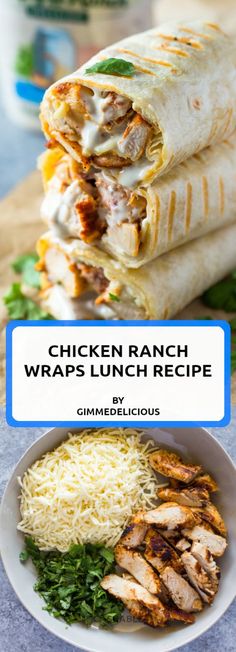 chicken ranch wraps lunch recipe on a plate with rice and cilantro sauce in the background