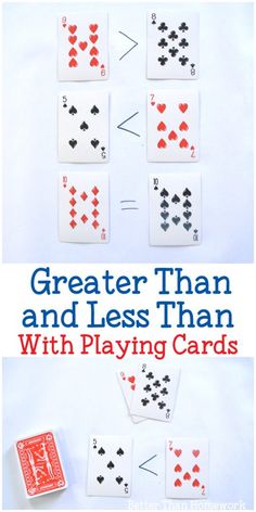 an image of playing cards with the words greater than and less than in red, white and blue