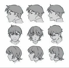 the head and shoulders of an anime character with different facial expressions, including hair styles