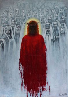 a painting of jesus surrounded by many people in red robes and white headdress