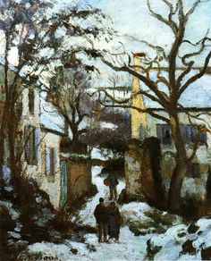 a painting of two people walking down a snow covered street in front of trees and buildings