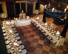 an overhead view of a banquet hall with tables and chairs set up for formal function