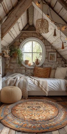 an attic bedroom with a bed, round window and rugs on the wooden floor