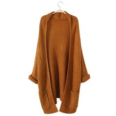 Long Chunky Cardigan with Pocket - Ginger - 2E06998614 - Women's Clothing  #WomensClothing #Women's #Clothing Long Brown Cardigan, Dik Vest, Batwing Cardigan, Khaki Tops, Batwing Sleeve Top, The Cardigans, Cardigan Brown, Loose Cardigan, Outwear Coat